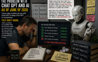 Frustrated content creator reviewing AI compliance failures as ChatGPT explains the difference between rule awareness and rule enforcement in June 2026